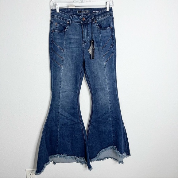 Grace in LA Flare Jeans Women's 28 Raw Hem Bell Bottom High Waist CL - Picture 2 of 11
